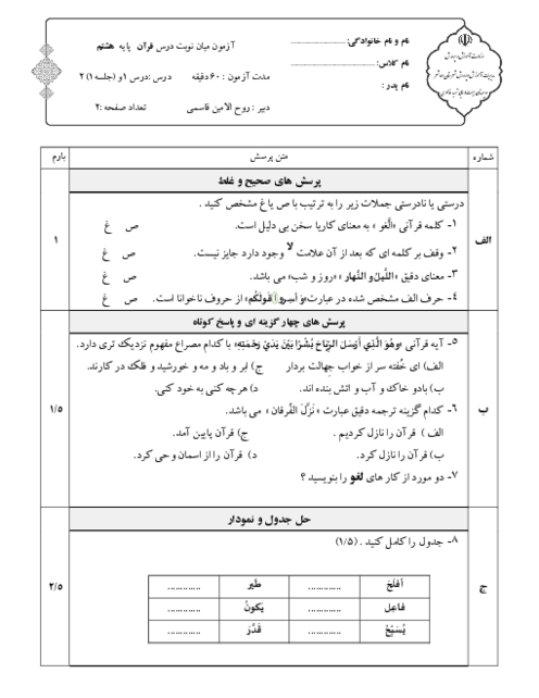 آزمون قرآن هشتم درس 1 و جلسه اول درس 2