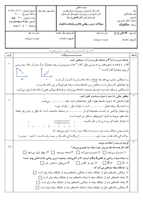 آزمون پودمان 5 ریاضی یازدهم هنرستان امام خمینی ارسنجان | آمار توصیفی