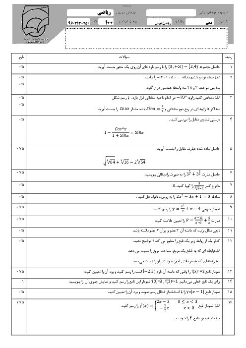 سوالات و پاسخ تشریحی امتحان پایانی ریاضی (1) پایه دهم دبیرستان باقرالعلوم منطقۀ 2 تهران | خرداد 96