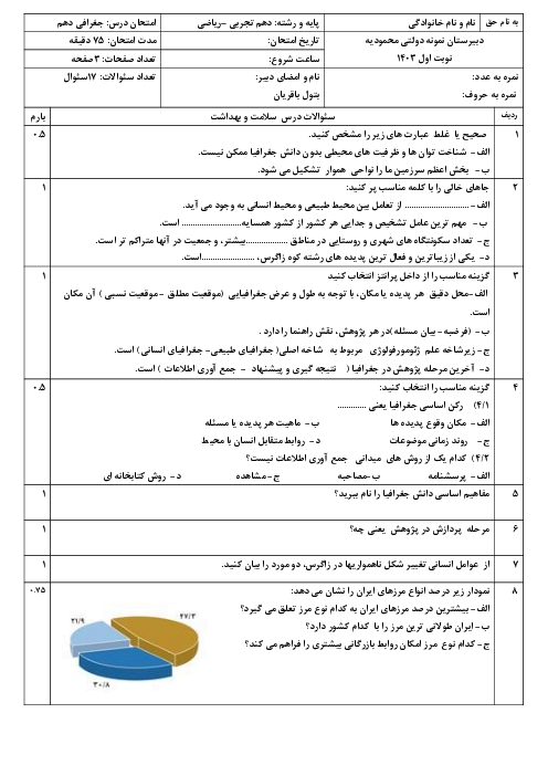 آزمون نوبت اول جغرافیای ایران پایه دهم دی 1403 با سوالات استان شناسی خراسان رضوی