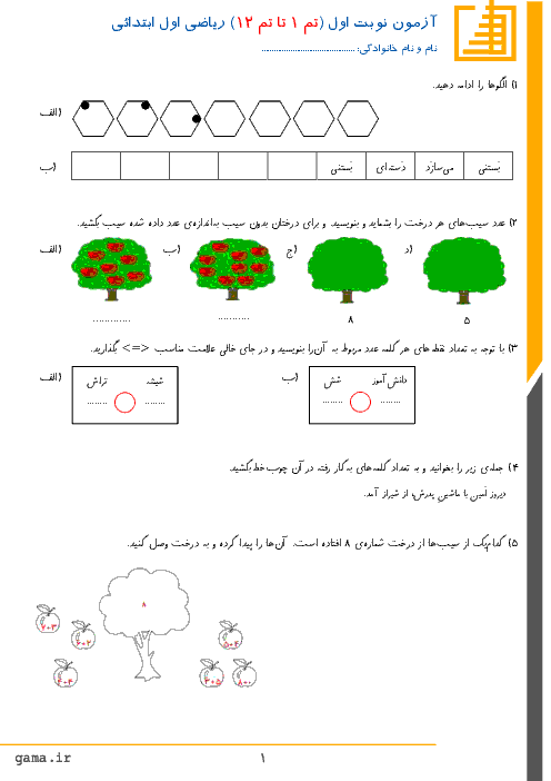 آزمون نوبت اول ریاضی اول دبستان شهید باهنر زواره | تم 1 تا تم 12