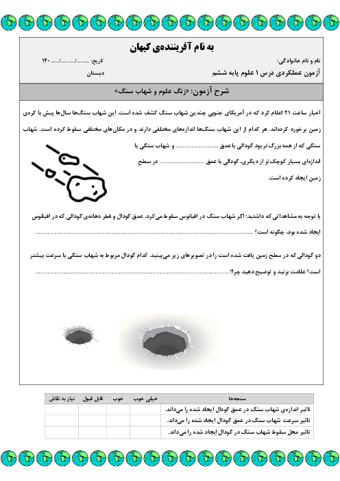 آزمون‌های عملکردی درس 1 تا 5 علوم ششم دبستان شهید بهشتی