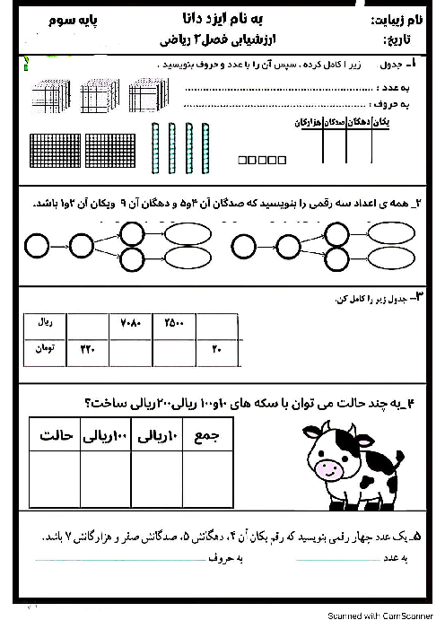 ارزشیابی فصل 2 ریاضی سوم