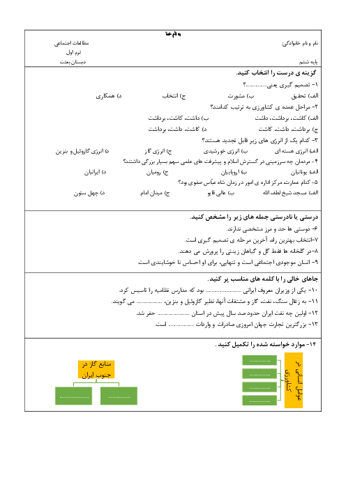 آزمون نوبت اول مطالعات اجتماعی ششم دبستان بعثت شهریار | دی 1399