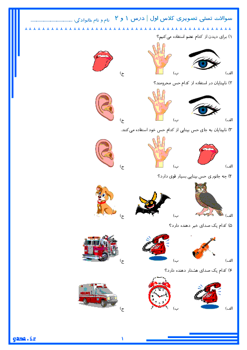 مجموعه سوالات تستی طبقه‌بندی شده‌ی تصویری علوم تجربی اول دبستان | درس 1 تا 14