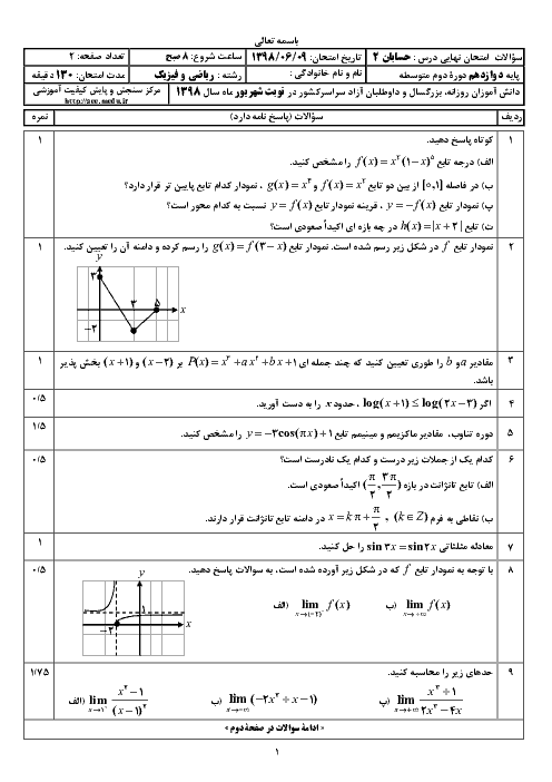 سؤالات امتحان نهایی درس حسابان (2) دوازدهم رشته ریاضی | شهریور 1398