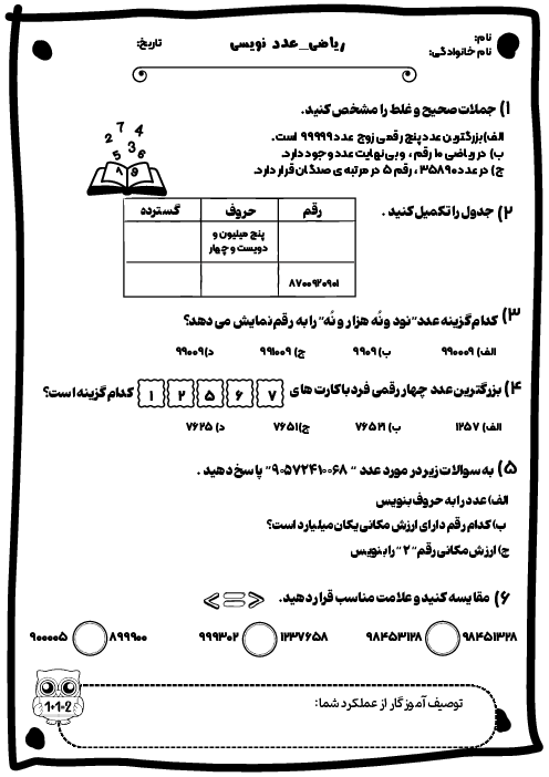 کاربرگ یادآوری عدد نویسی
