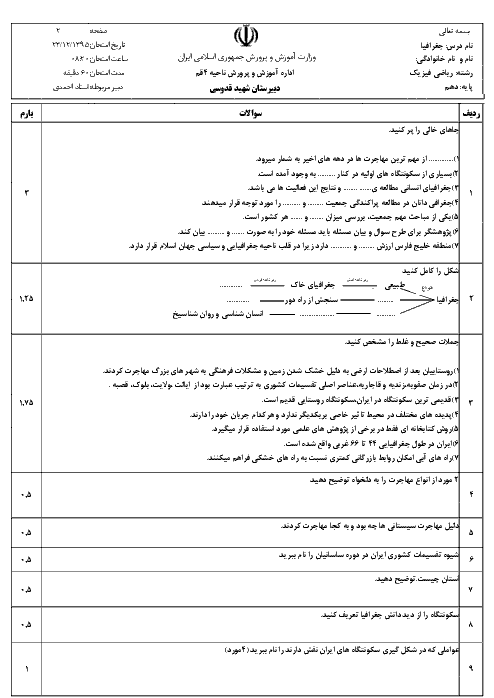 امتحان مستمر درس جغرافیا دبیرستان شهید قدوسی ناحیه 4 قم | اسفند 95