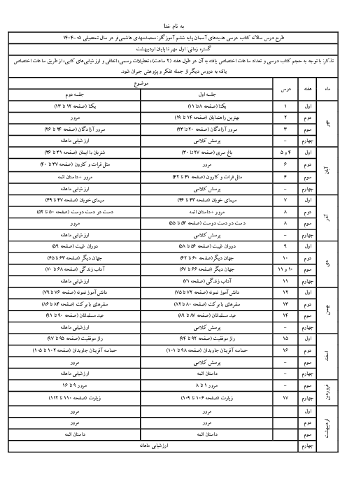 طرح درس سالانه کتاب هدیه‌های آسمانی پایه ششم سال تحصیلی 05-1404