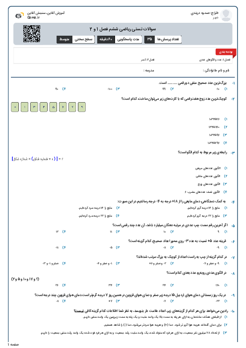 سوالات تستی ریاضی ششم فصل 1 و 2