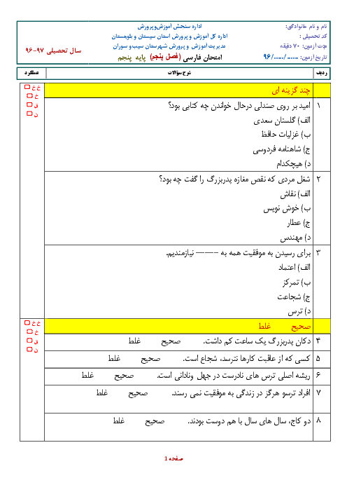 ارزشیابی ماهانه‌ی بهمن فارسی پنجم دبستان سید قطب گزن | فصل پنجم: راه زندگی