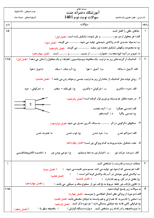 سوالات آزمون نوبت دوم علوم تجربی هشتم مدرسه جنت | خرداد 1401