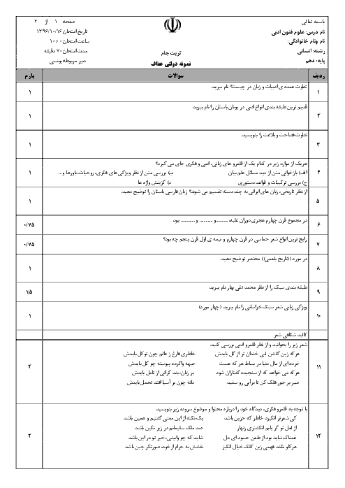 امتحان نوبت اول علوم و فنون ادبی (1) دهم رشته ادبیات و علوم انسانی دبیرستان نمونه دولتی عفاف | دی 96