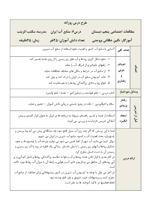 طرح درس روزانه مطالعات اجتماعی پنجم دبستان | درس 6: منابع آب ایران