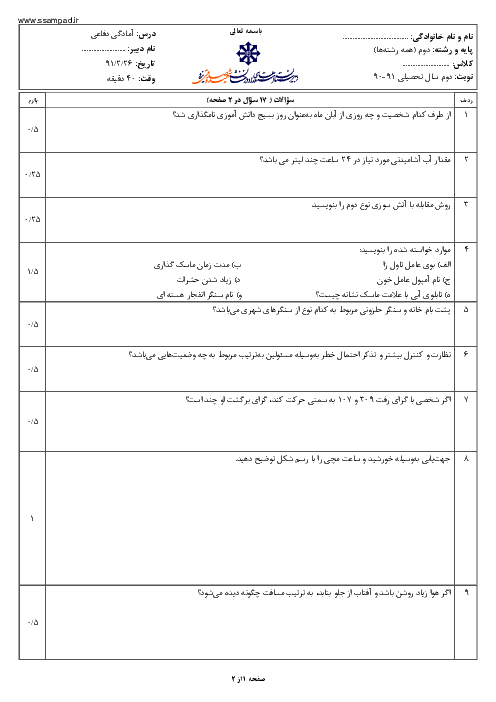  آزمون آمادگی دفاعی دوم دبیرستان خرداد 1391 | دبیرستان شهید صدوقی یزد