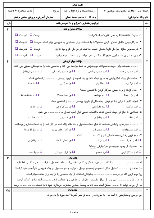 نمونه سوال امتحان تجارت الکترونیک و امنیت شبکه دوازدهم هنرستان | پودمان 1: ایجاد کار و کسب الکترونیکی