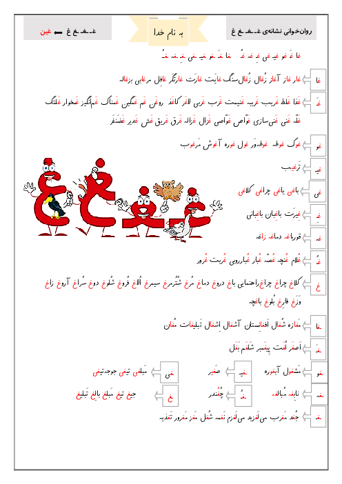 کلمات و متن روانخوانی نشانه غـ ـغـ ـغ غ 