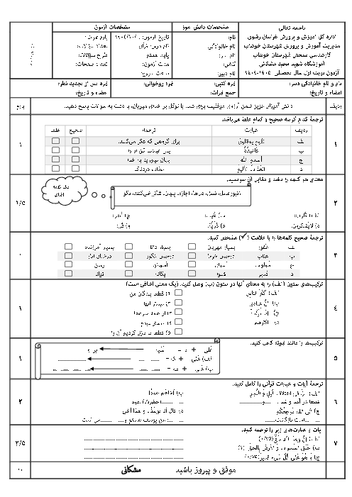 نمونه سوال امتحان نوبت اول قرآن پایه هفتم دبیرستان مشکانی | دیماه 1402
