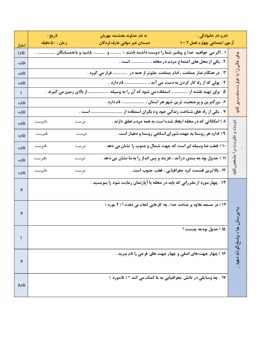 آزمون مداد و کاغذی مطالعات اجتماعی چهارم دبستان امام هادی (ع) | درس 1 تا 7