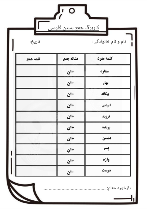 کاربرگ جمع بستن کلمات با ان فارسی ششم 