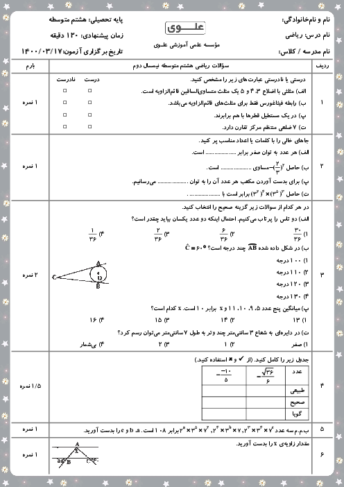 سوالات آزمون نوبت دوم ریاضی هشتم مدرسه علوی آریاشهر | خرداد 1400