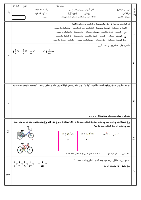 آزمون پایانی فصل 1 ریاضی هفتم دبیرستان مهر البرز | راهبرد های حل مسئله