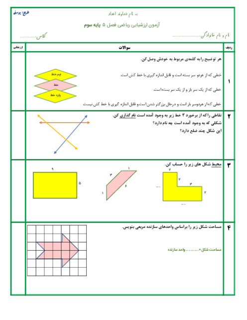 ارزشیابی فصل 5 ریاضی پایه‌ی سوم | محیط و مساحت