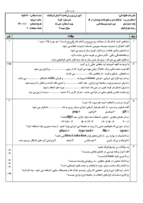 امتحان مستمر گرافیک نشر و مطبوعات دوازدهم هنرستان کوشا | پودمان 1 تا 2