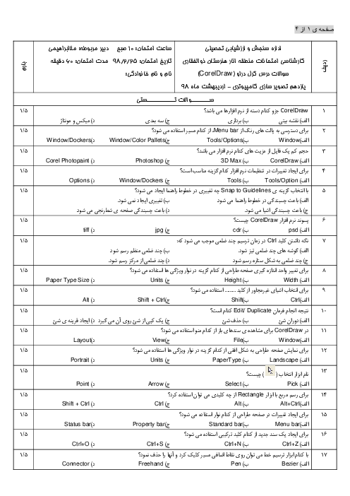 آزمون آمادگی نوبت دوم کاربر Corel Draw یازدهم هنرستان کاردانش ذوالفقاری | اردیبهشت 1398