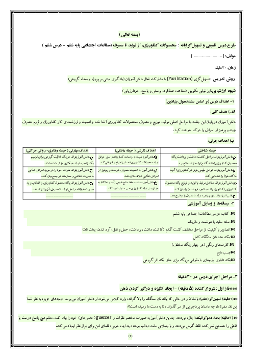 طرح درس مطالعات ششم (درس 6: محصولات کشاورزی، از تولید تا مصرف) به روش تسهیل گری با رویکرد مشارکت فعال دانش آموز