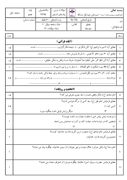 امتحان نوبت دوم پیام های آسمان پایه هفتم دبیرستان دوره اول مشکات | خرداد 95