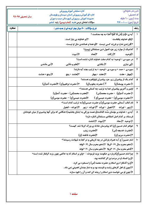 70 سوال تستی آمادگی آزمون‌های نمونه دولتی هدیه های آسمانی ششم دبستان + کلید | از کل کتاب