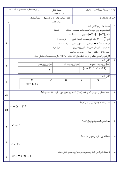 امتحان نوبت اول ریاضی (2) یازدهم هنرستان توحید خرمشهر | دی 1396