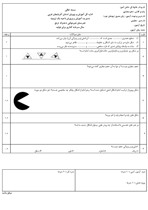 نمونه سوال پودمان 2: طراحی ابزار دیدن و خلق اثر هنری | کتاب طراحی و زبان بصری پایه‌ی دهم