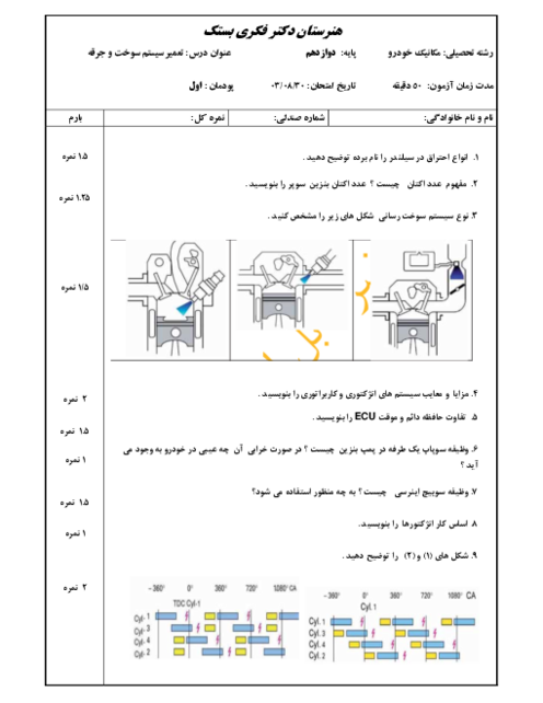 نمونه سوال پودمان 1 تعمیر سیستم سوخت و جرقه: تعمیر سیستم سوخت رسانی بنزینی