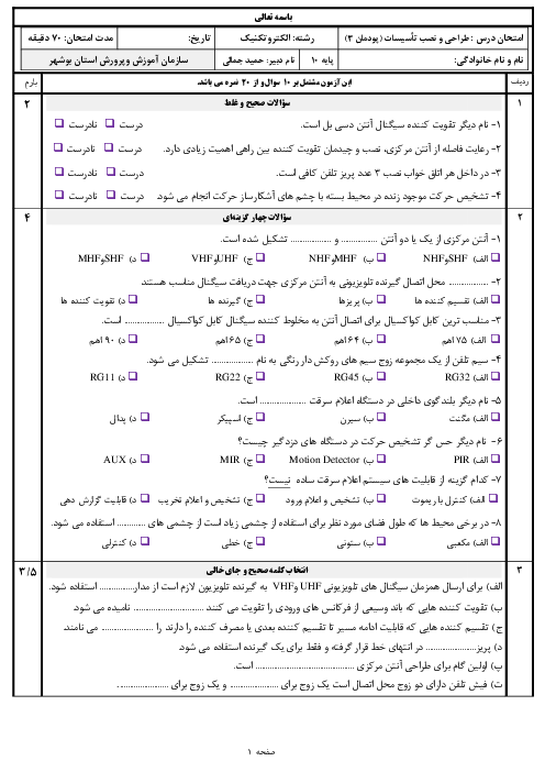 سوالات امتحان طراحی و نصب تأسیسات جریان ضعیف دهم هنرستان | پودمان 3: آنتن مرکزی، سیستم تلفن و سیستم اعلام سرقت