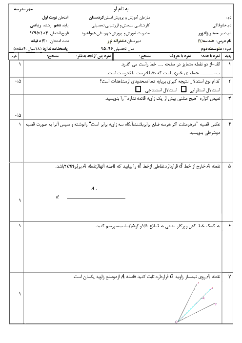 سوالات امتحان نوبت اول هندسه (1) دهم رشته رياضی  دبیرستان دخترانۀ نور شهرستان دیواندره - دی 95