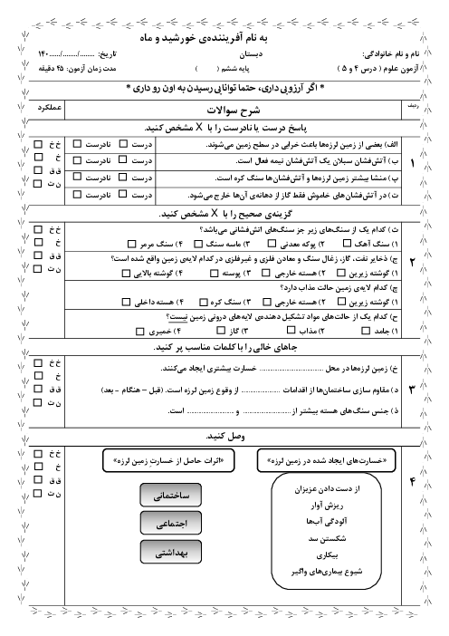 نمونه سوال درس 4 و 5 علوم ششم دبستان شهید بهشتی دشتستان