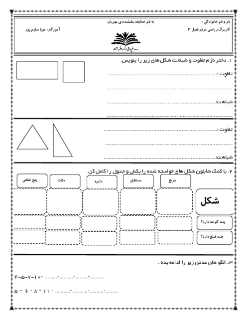 آزمون فصل 3: اشکال هندسی | ریاضی پایه‌ی دوم دبستان آزاده رشت