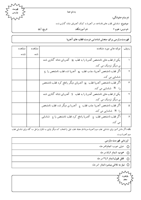 فهرست وارسی برای سنجش شناسایی درست قطب های آهنربا