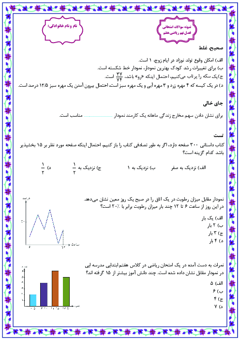نمونه سوالات امتحانی فصل 9 ریاضی پایه هفتم (آمار و احتمال)