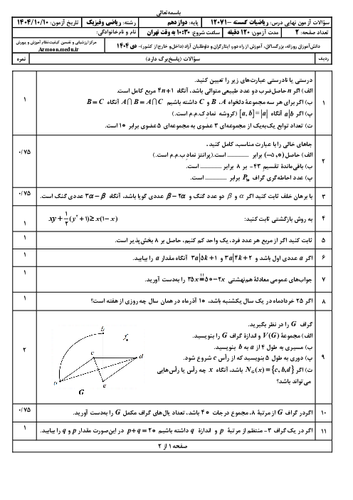  امتحان نهایی گسسته پایه دوازدهم ریاضی | جبرانی دی 1404 