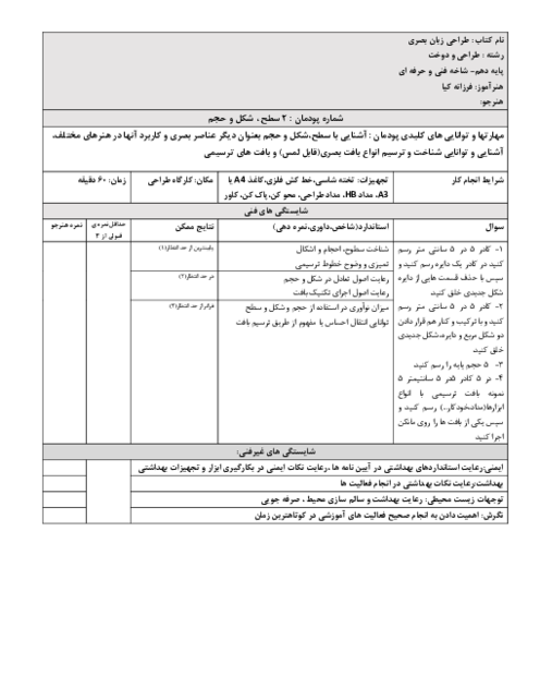 آزمون سنجش عملکردی پودمان 2 درس طراحی زبان بصری؛ سطح، شکل و حجم