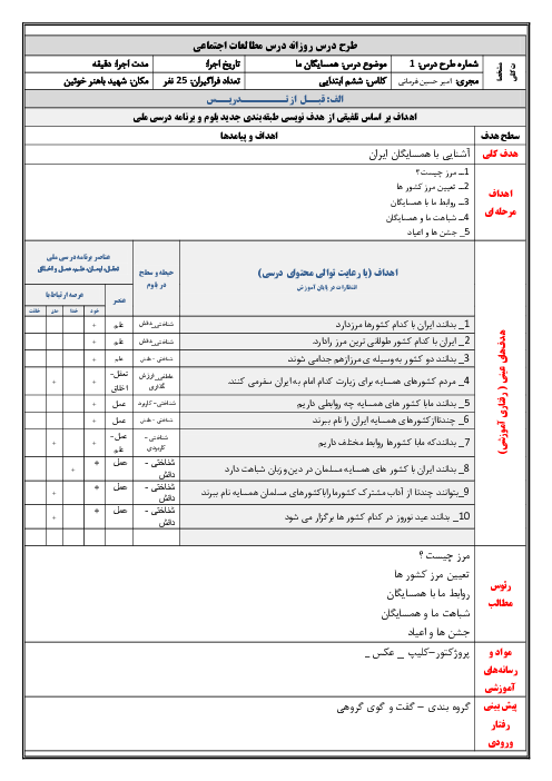 طرح درس بر اساس تلفیقی از هدف نویسی طبقه‌بندی جدید بلوم و برنامه درسی ملی | درس 19: همسایگان ما