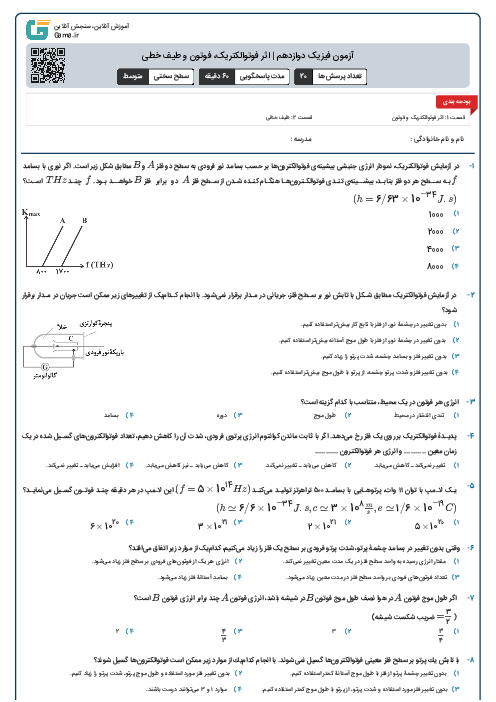 آزمون فیزیک دوازدهم | اثر فوتوالکتریک، فوتون و طیف خطی