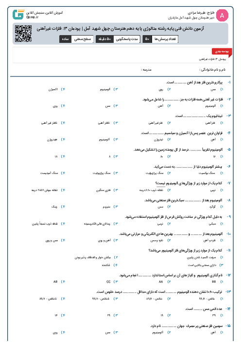 آزمون دانش فنی پایه رشته متالوژی پایه دهم هنرستان چهل شهید آمل | پودمان 3: فلزات غیرآهنی