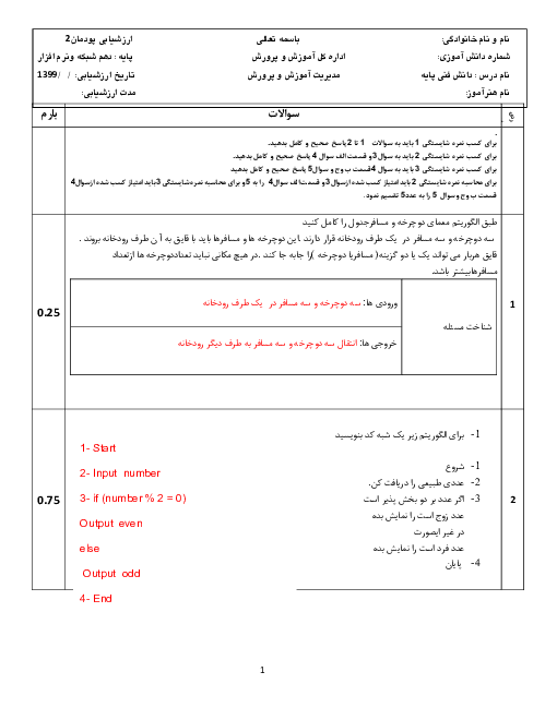 سوالات ارزشیابی پودمانی دانش فنی پایه دهم رشته شبکه و نرم افزار رایانه | پودمان 2: حل مسئله (الگوریتم و فلوچارت)