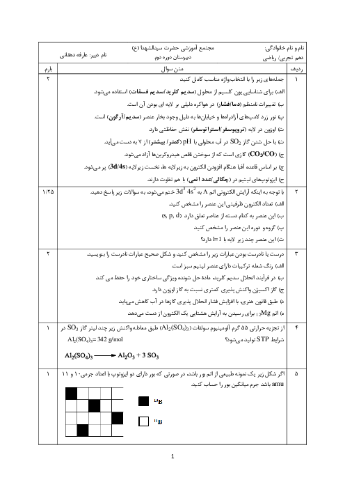 نمونه سوال امتحان نوبت دوم شیمی دهم دبیرستان سید الشهداء یزد