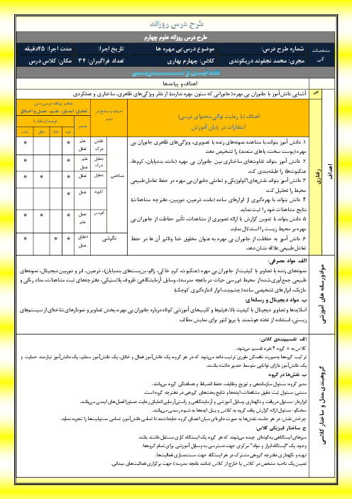 طرح درس روزانه درس 11 علوم چهارم | بی مهره‌ها 