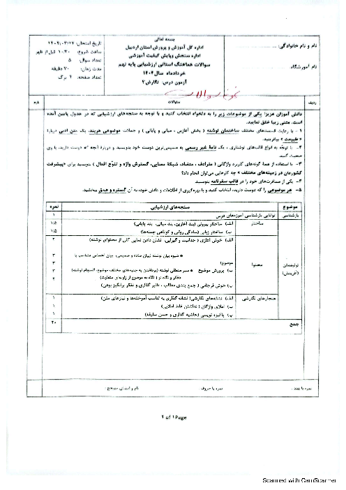 امتحان هماهنگ نوبت دوم نگارش پایه نهم استان اردبیل | خرداد 1404